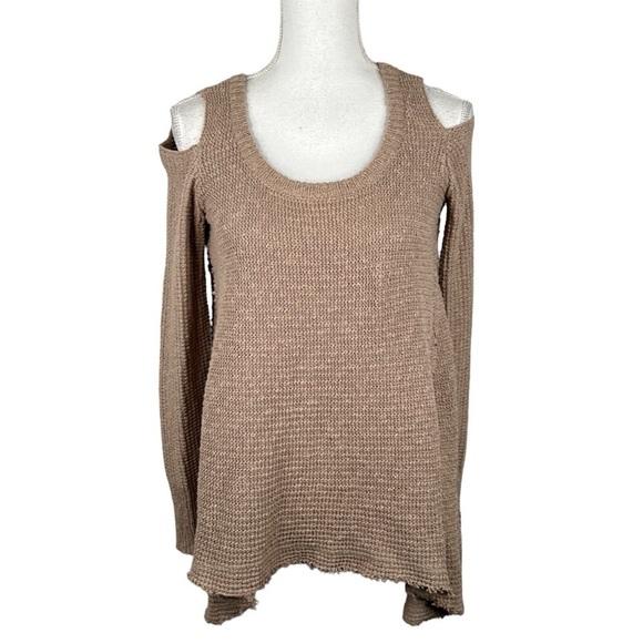 Kaisley Oversized Boho Tan Waffle Knit High Low Cold Shoulder Sweater Size XS - Picture 1 of 7